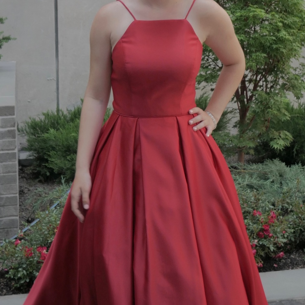Betsy & Adam Long Red Prom Dress, High-Low